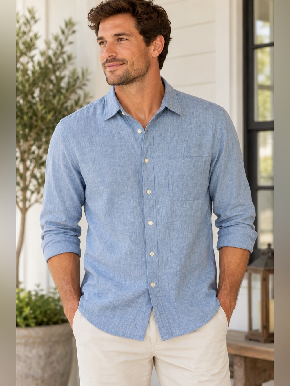 Uniqlo Men’s 100% Linen Button Down Shirt Blue Size Medium